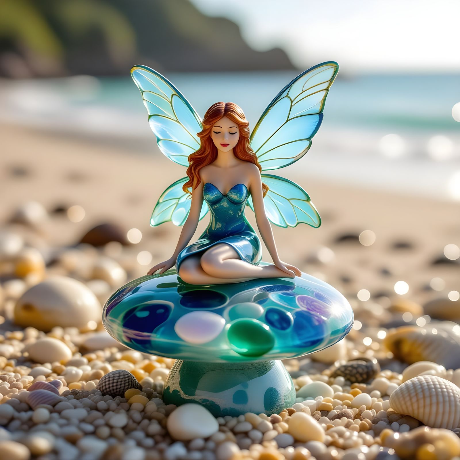 Fairy Crafted From Polished Ocean Glass Sits on Mushroom