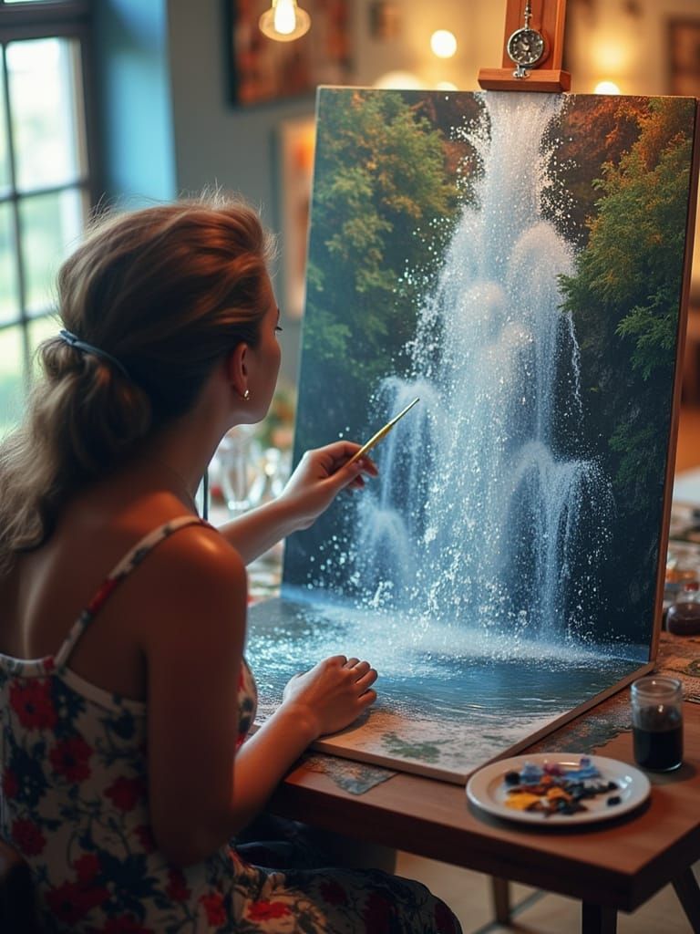 Artist Paints Waterfall Flowing from Easel in Studio