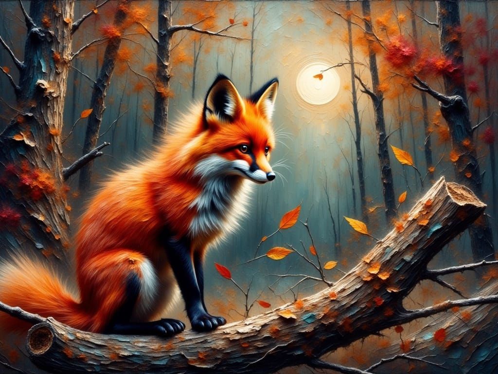 Vibrant Red Fox in Autumnal Landscape, Impasto Oil Painting