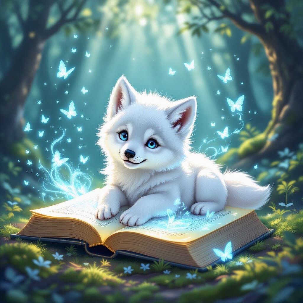 Enchanted Snow Wolf Cub and Magic Book