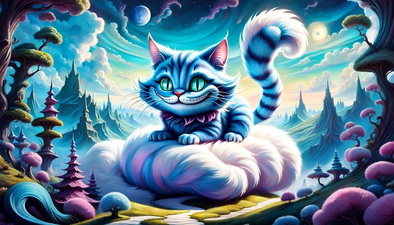 Whimsical Blue Cheshire Cat on Fluffy White Cloud