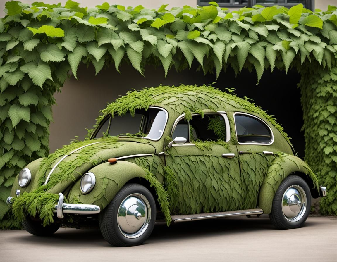 VW Beetle Car Made of Green Foliage