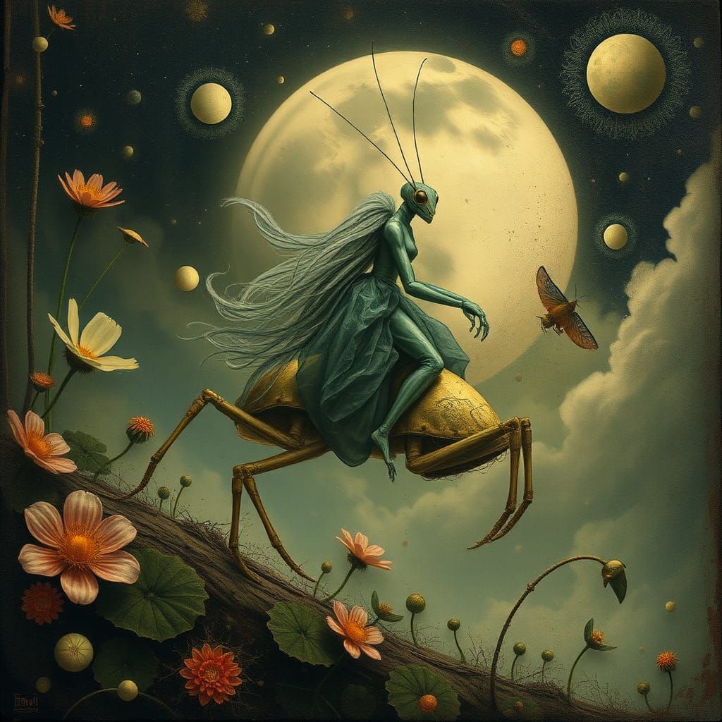 Surreal Being Rides Hybrid Mantis, Organic Textures