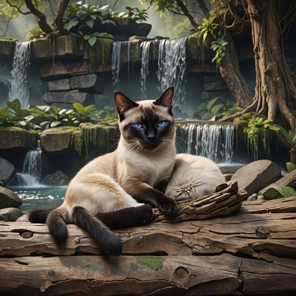Siamese Cat Sleeps by Waterfall: Fantasy Art
