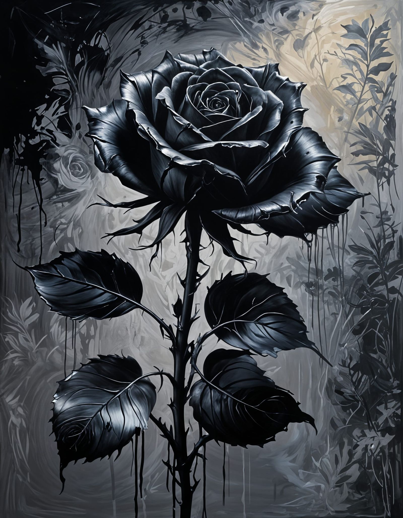 Dramatic Black Rose Oil Painting with Silver Highlights
