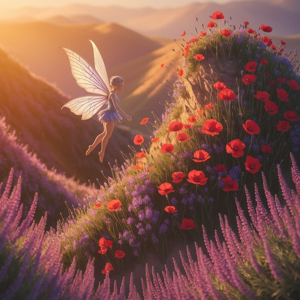 Golden Fairy Above Crimson Poppy Mountaintop