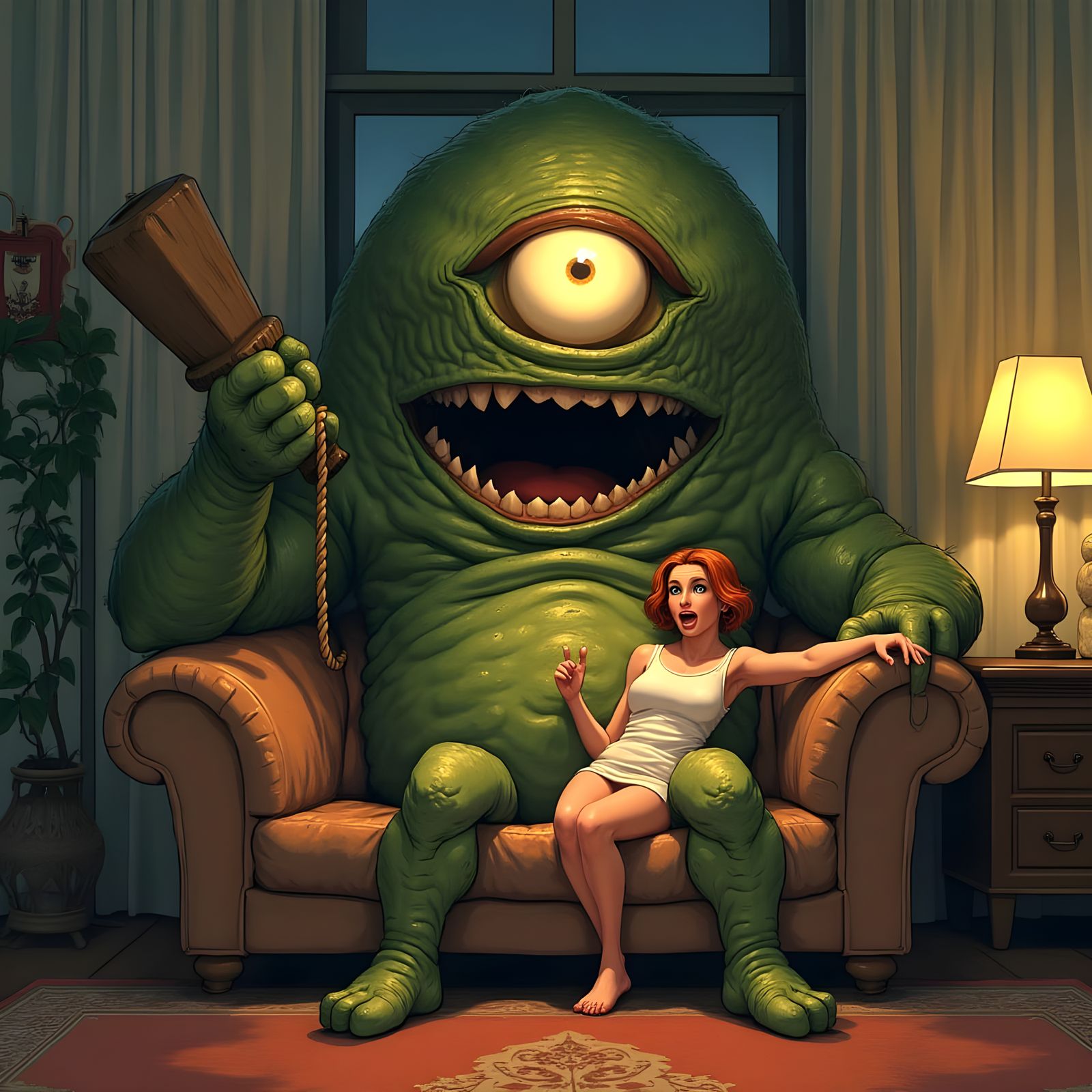 Giant Cyclopes Play Video Games on Girlfriend's Sofa