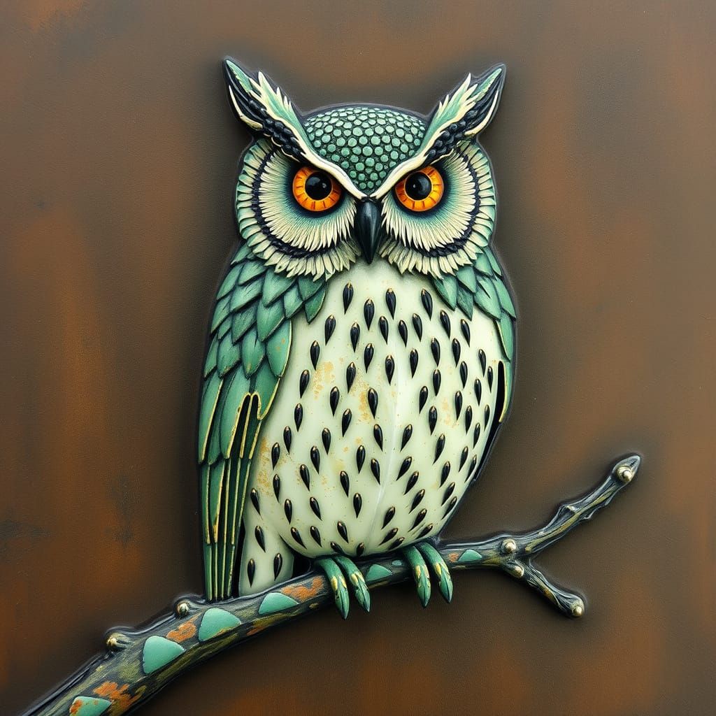 Verdigris Owl in Encaustic Art Style
