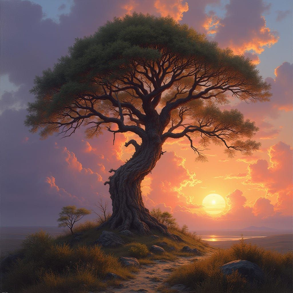 Majestic Tree in Fantastical Landscape with Warm Dawn Light