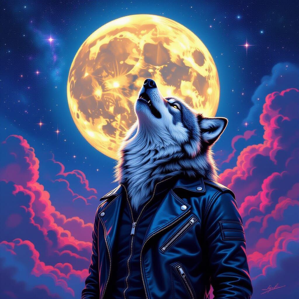 Wolf Howling at Galaxy Sky in Neon Airbrush Style