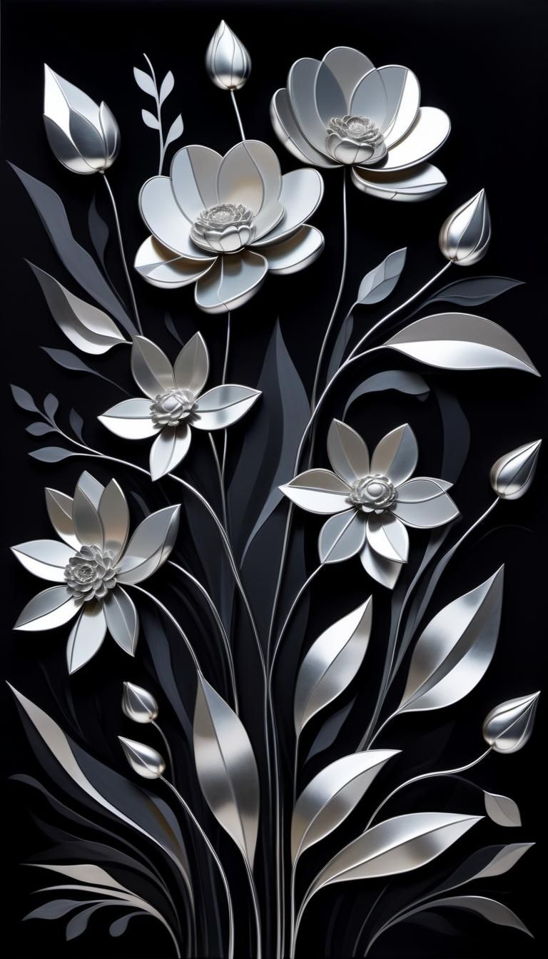Ethereal Floral Art in Silver and Black Cubism