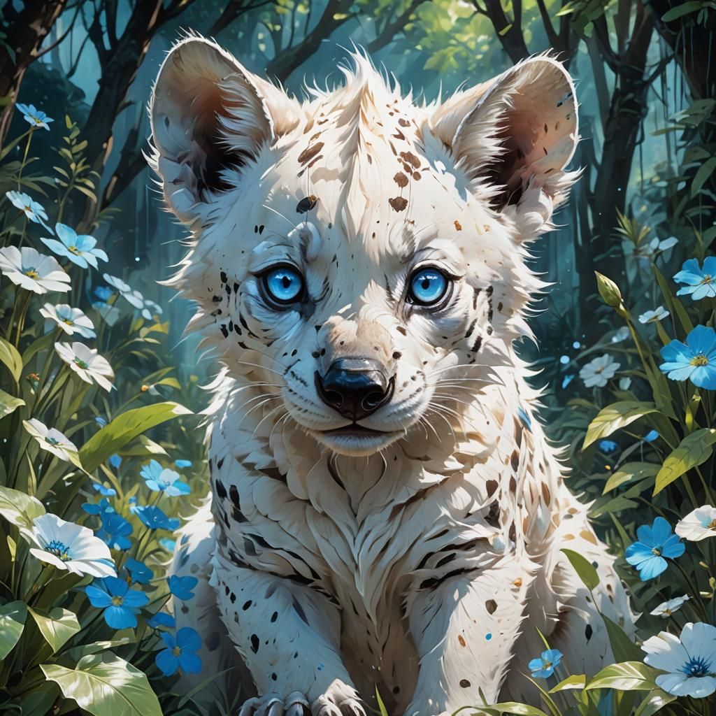 Enchanted Garden: Cute Hyena-Tiger with Blue Eyes