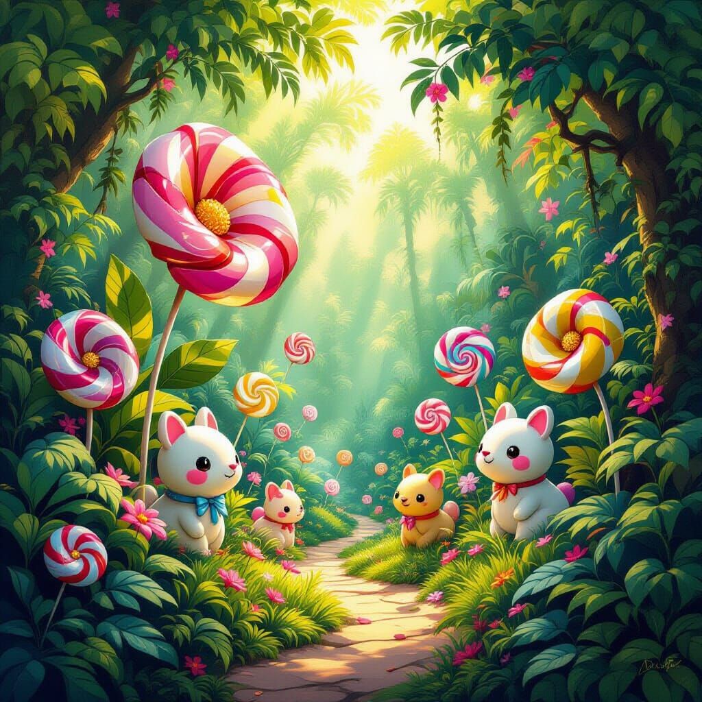 Vibrant Jungle with Whimsical Lollipop Animals