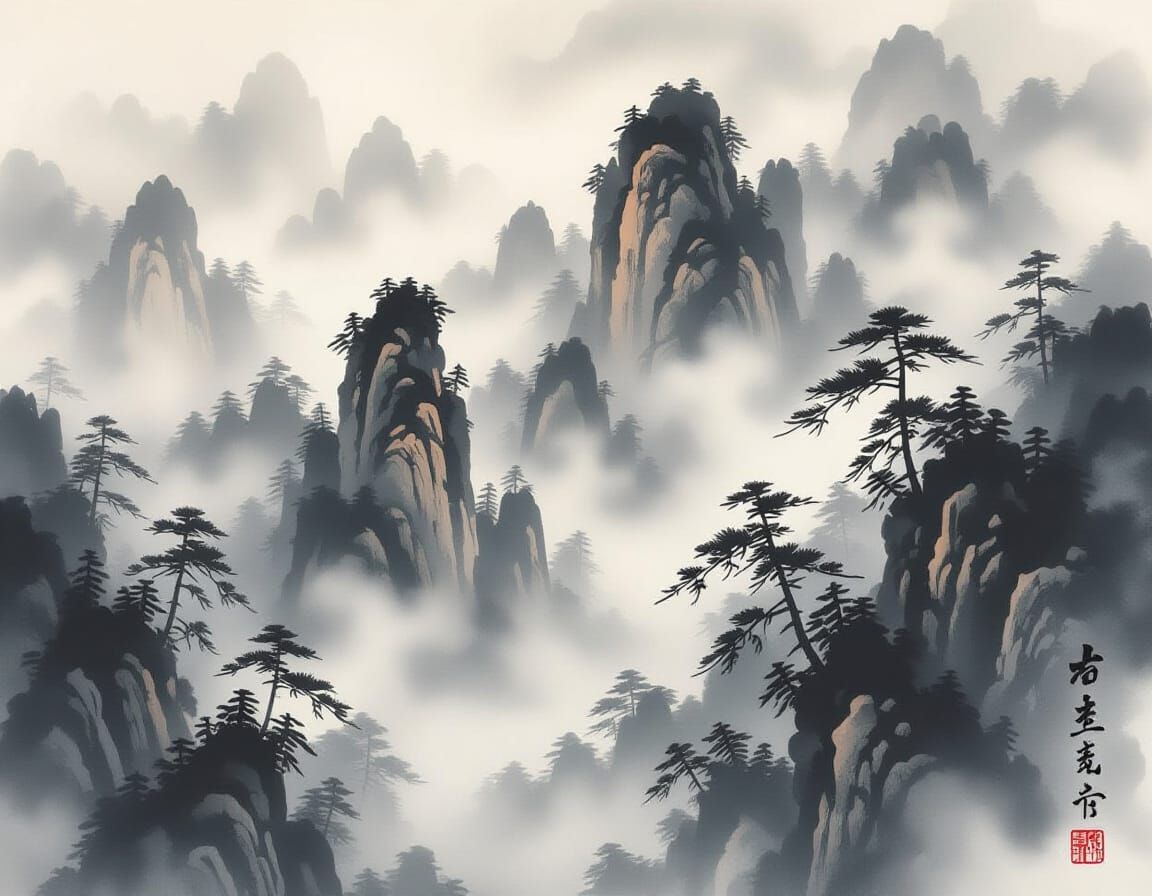 Misty Forest Landscape in Chinese Ink Wash Style