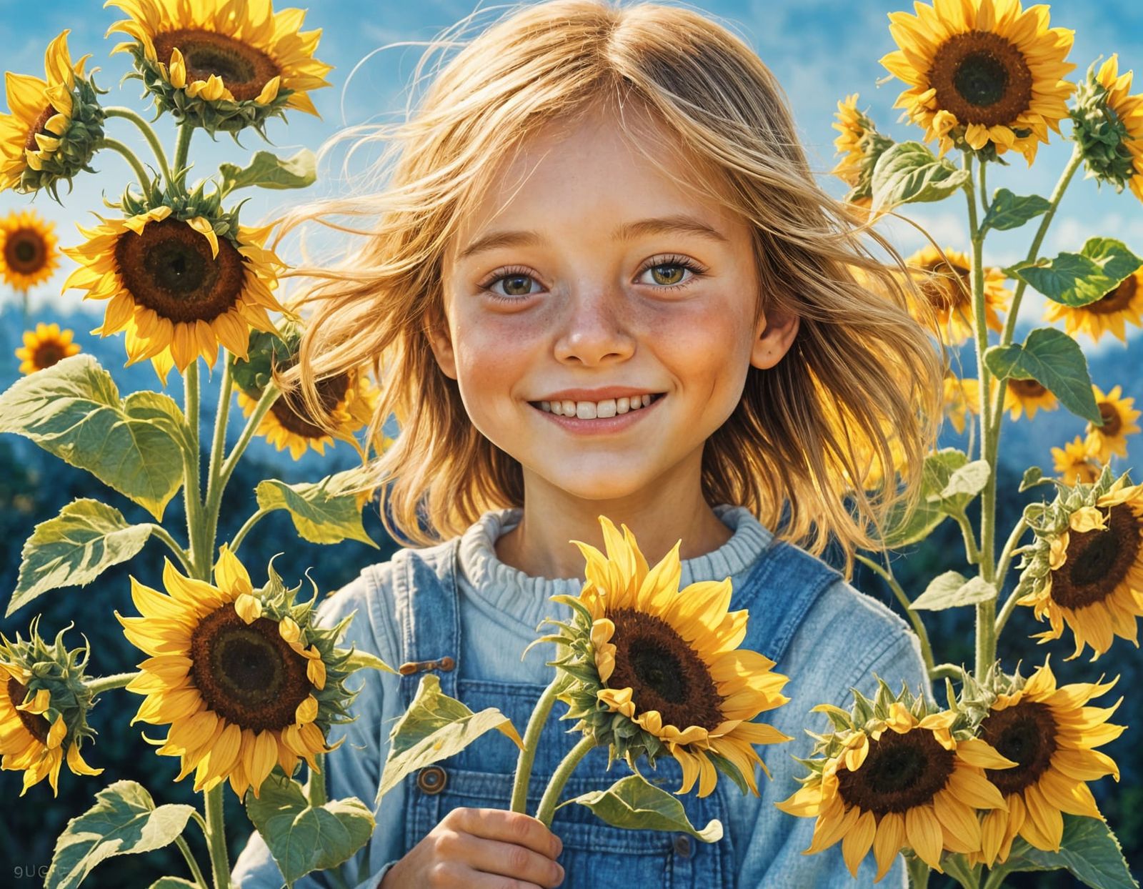 Girl with Sunflowers in Photorealistic Style