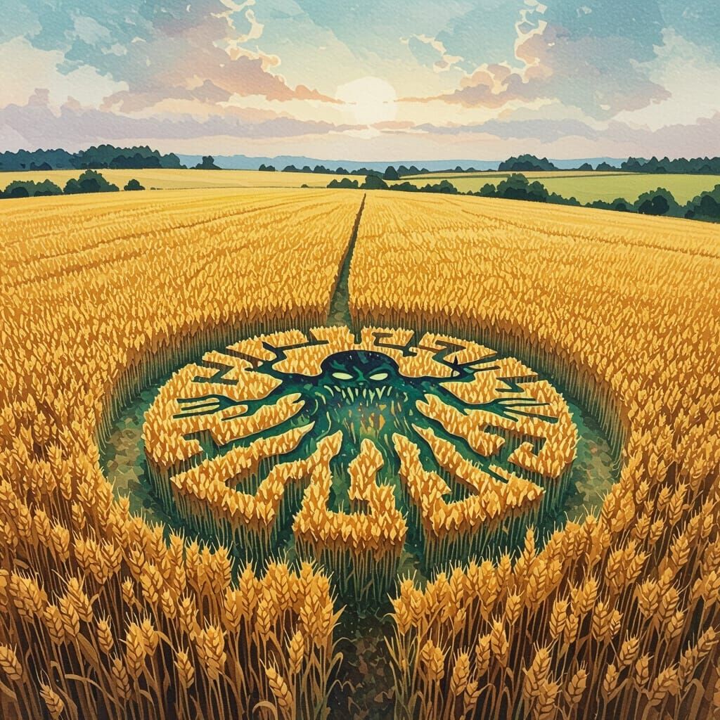 Eerie Horror Monster Crop Circle in Wheat Field