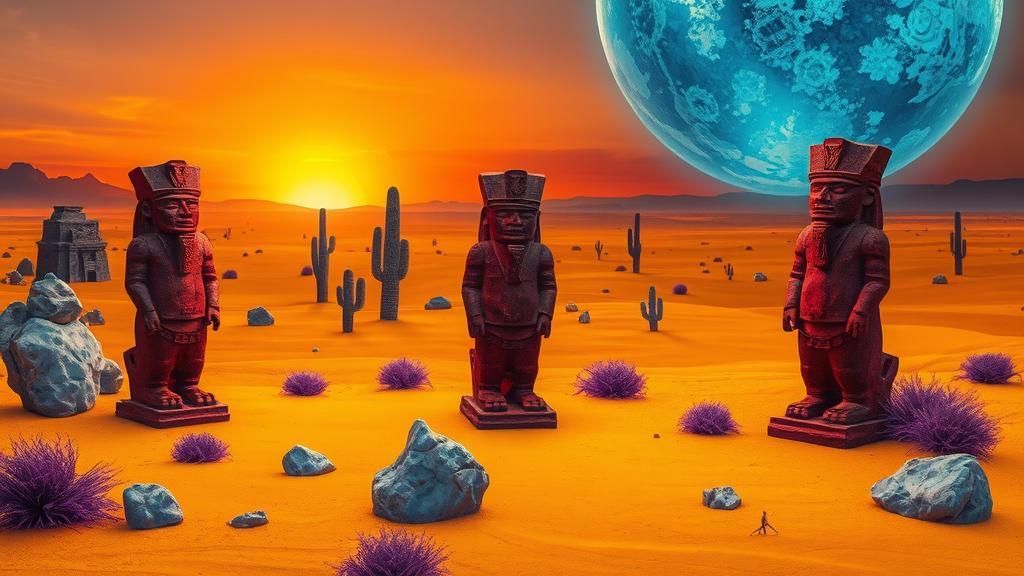 Mystical Aztec Sculptures in Surreal Desert Twilight