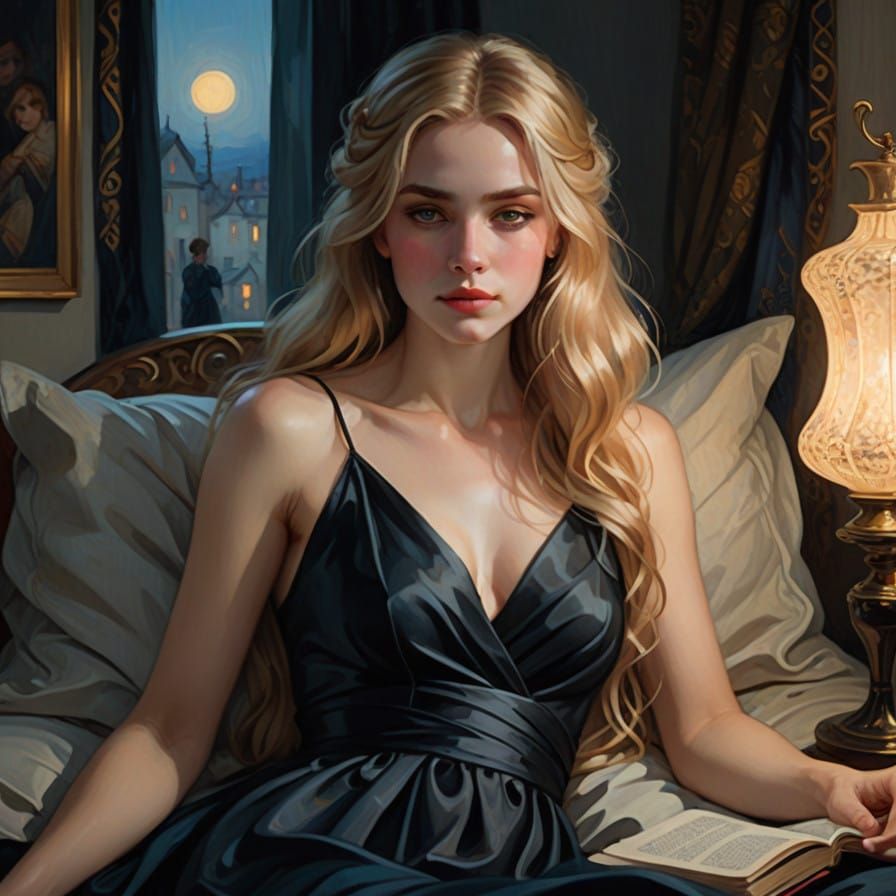 Elegant Woman Reading in Bed, Oil Painting Style