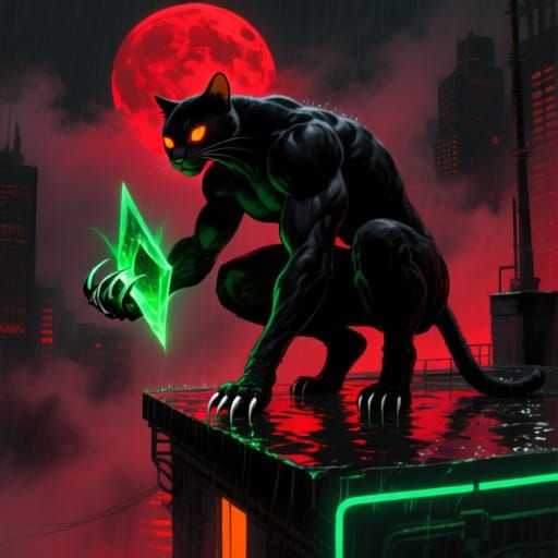 Feline Prowler on Neon Rooftop with Emerald Shard
