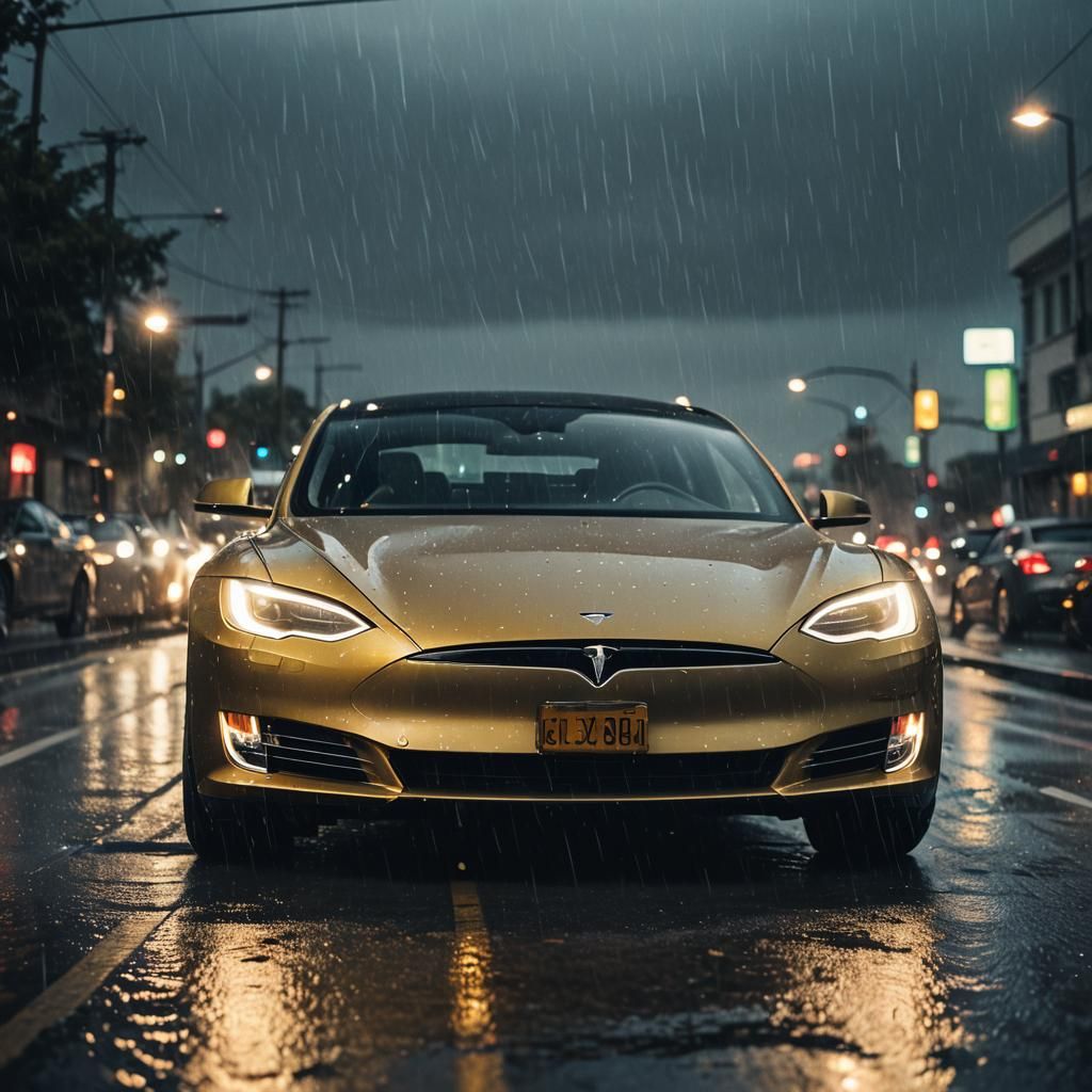 Tesla on Wet Road with Neon Reflections
