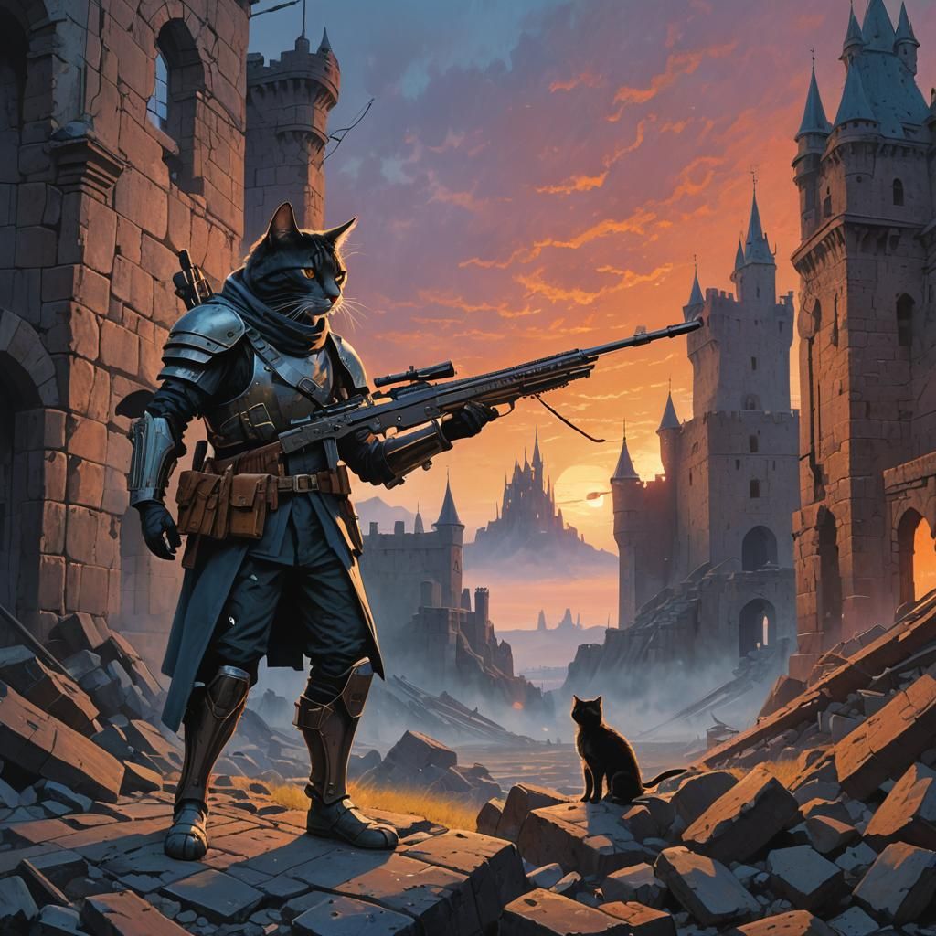 Feline Warrior in Castle Ruins with Sniper Rifle