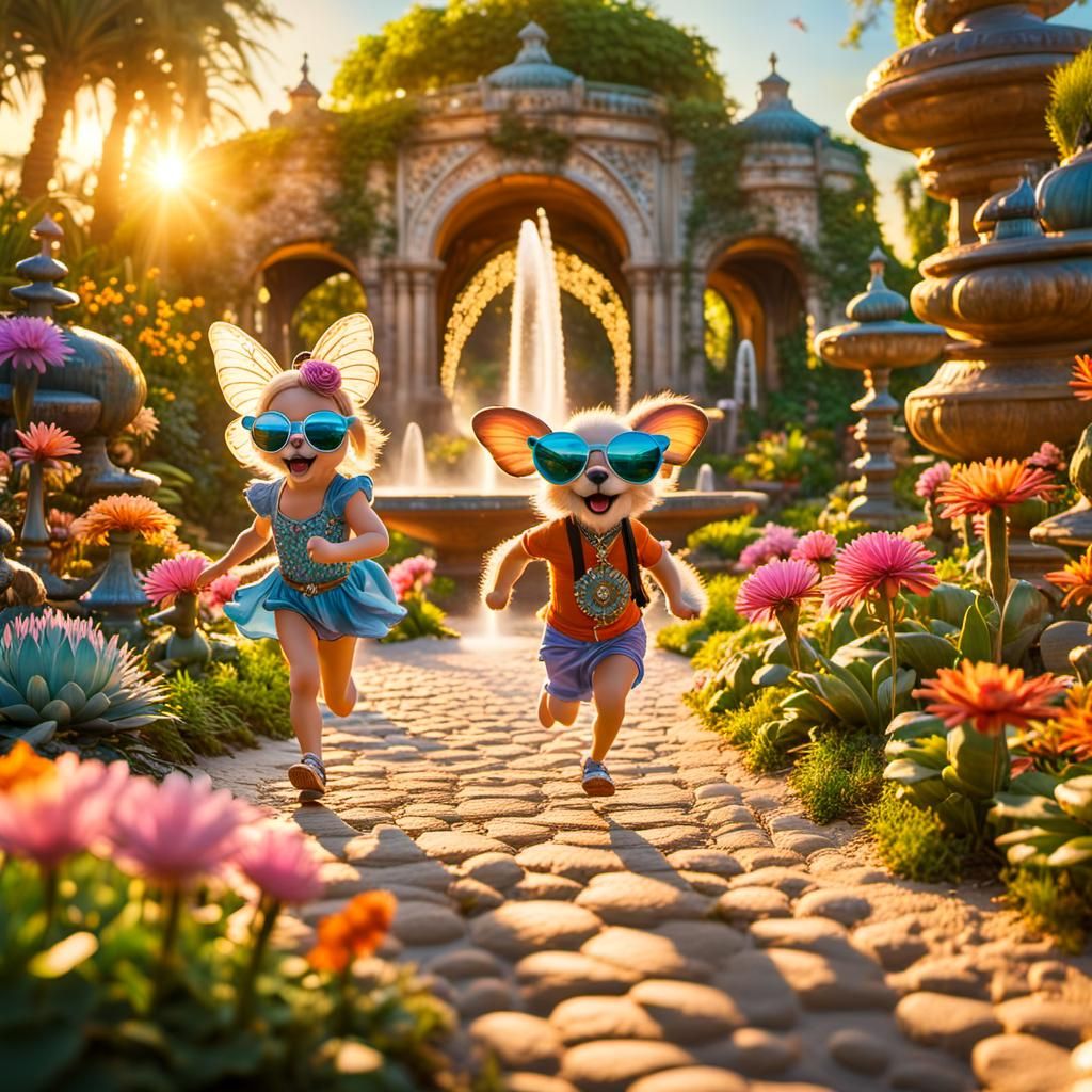 Fawn's Flight Through Psychedelic Beach Garden at Sunset