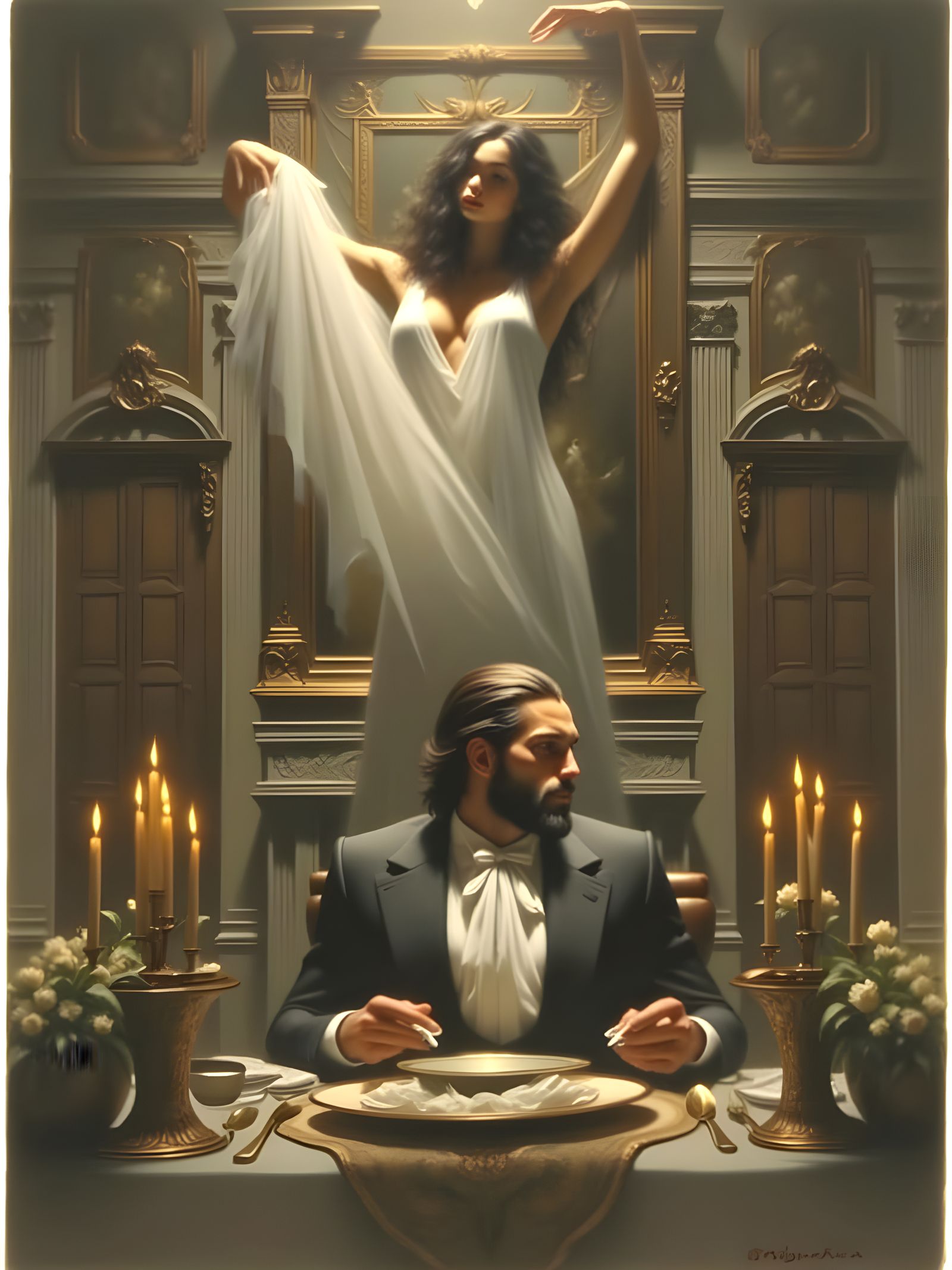 Wealthy Man Surrounded by Eerie Presence in Renaissance-Styl...