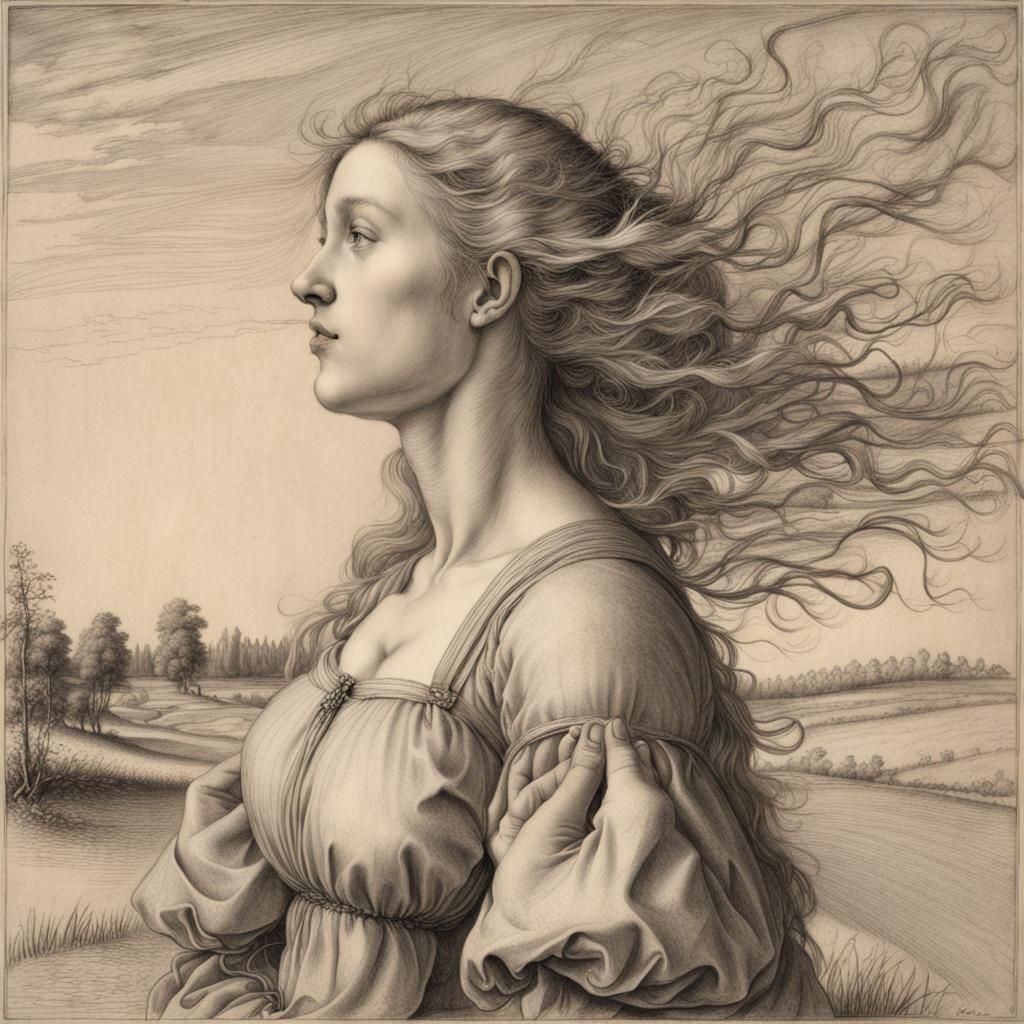 Ephemeral Woman: Wind Sweeping a Field in Charcoal