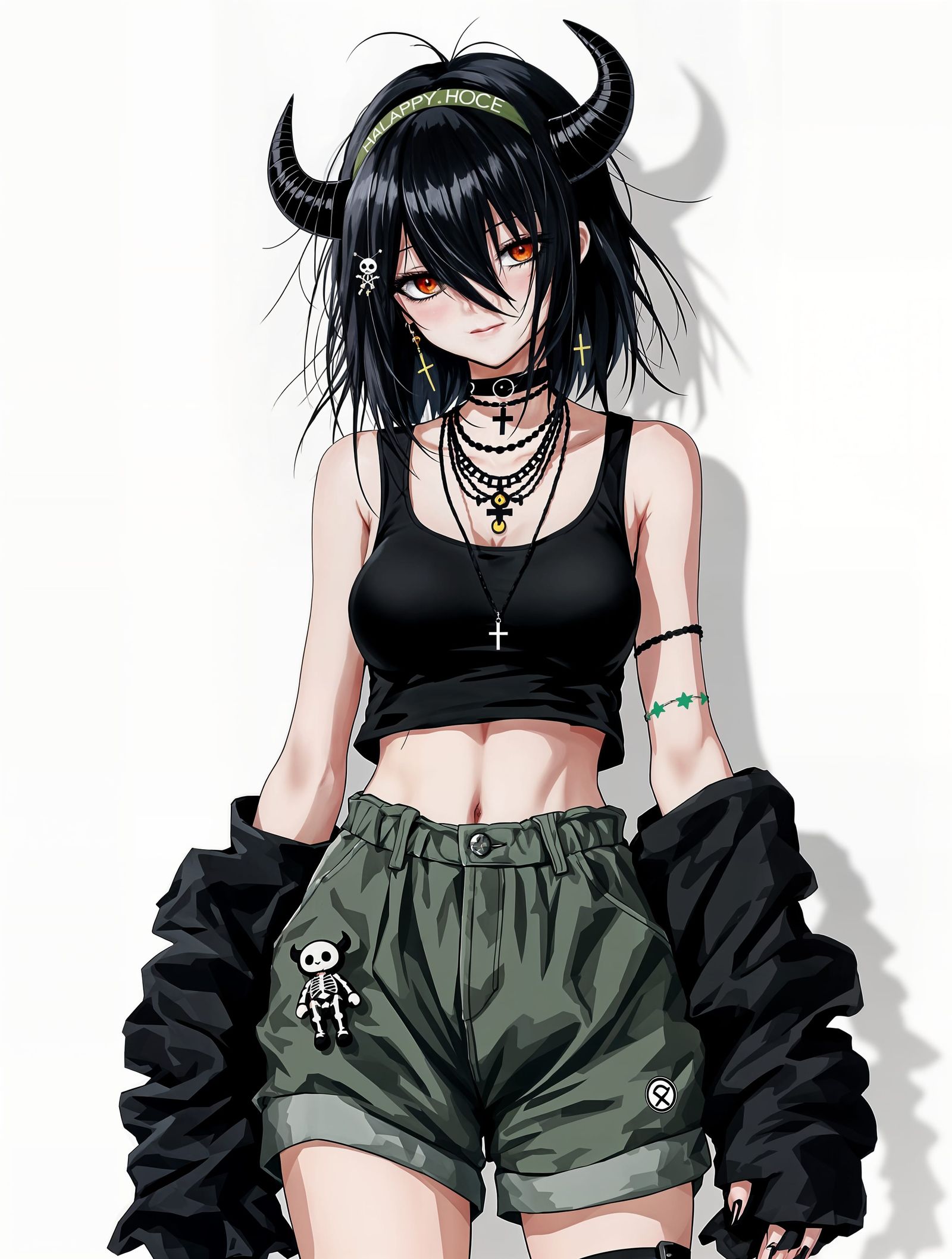 Edgy Anime Girl with Skeleton Plush in Dark Streetwear
