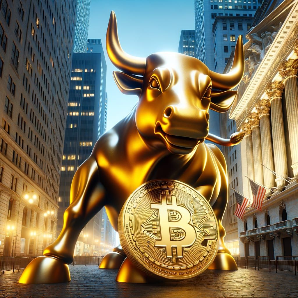 Golden Bitcoin Bull Statue in Bustling Cityscape
