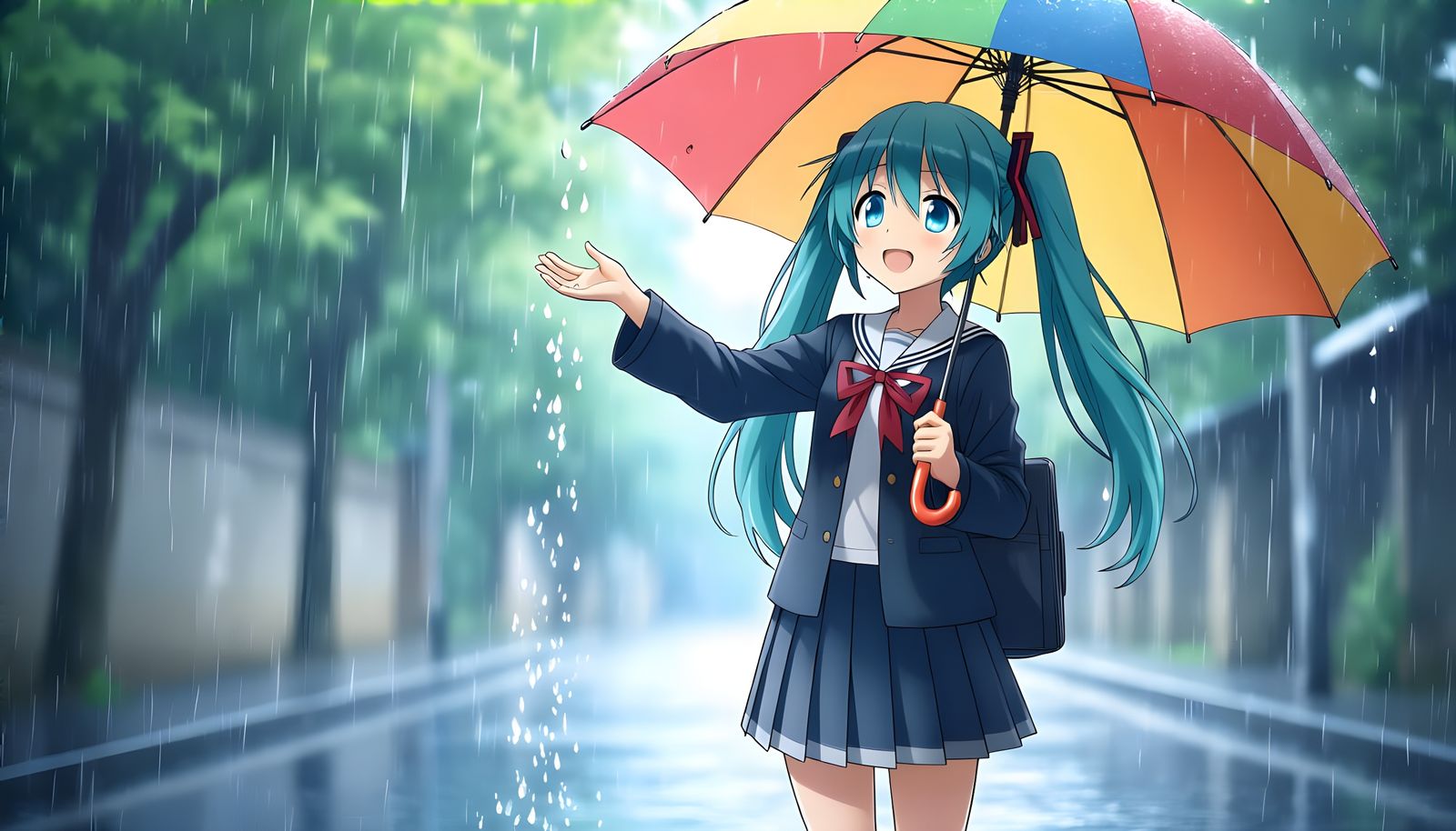 Hatsune Miku Catches Raindrops in Anime Style
