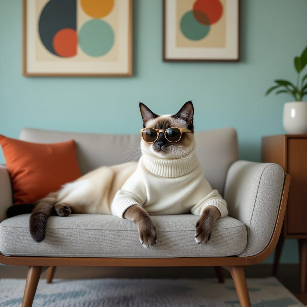 Siamese Cat in Sunglasses on Mid-Century Sofa