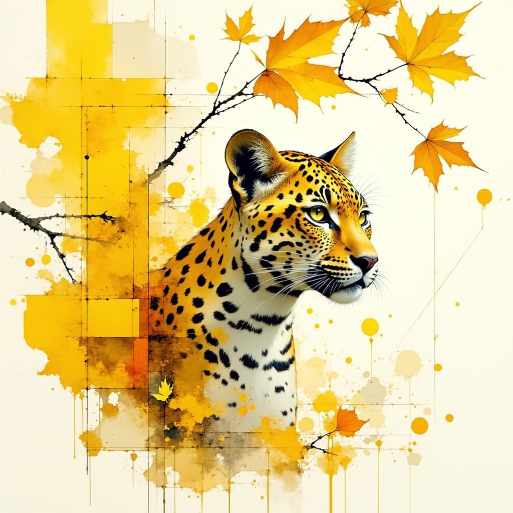 Playful Leopard in Autumn Leaves Watercolor Style