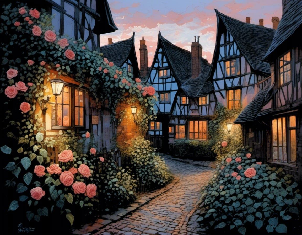 Charming Rose-Covered Alley at Dusk: Watercolor Style