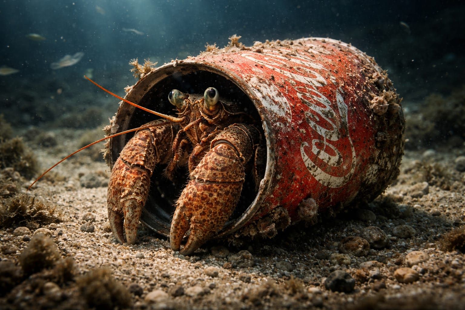 Hermit Crab in Rusted Coke Can Underwater Photo