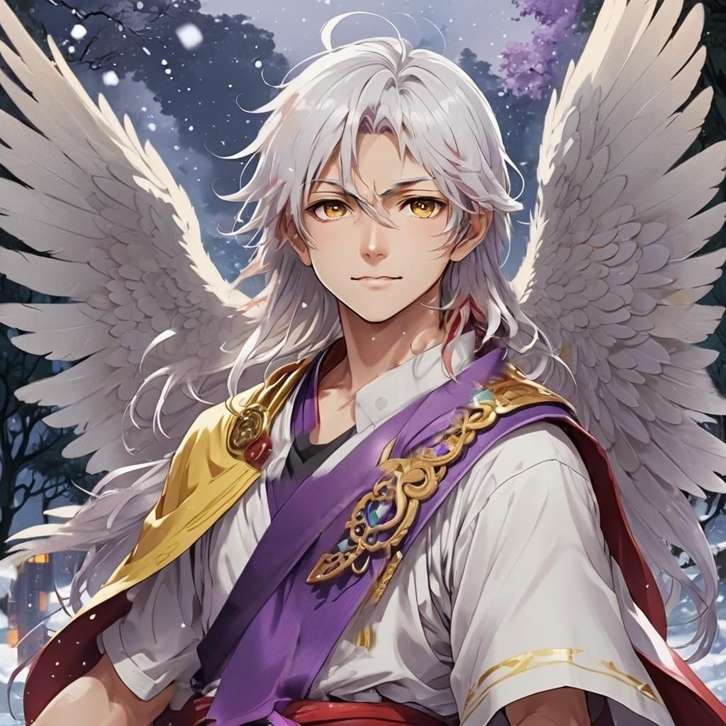 A man with crimson-red strands of hair. by artist "anime", A...