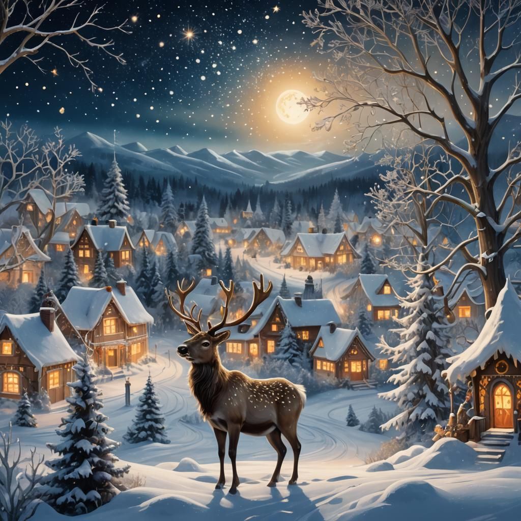 Reindeer in Christmas Village Under Starry Sky