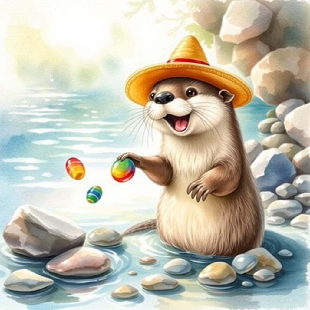 Playful Otter Juggling Stones in Watercolor