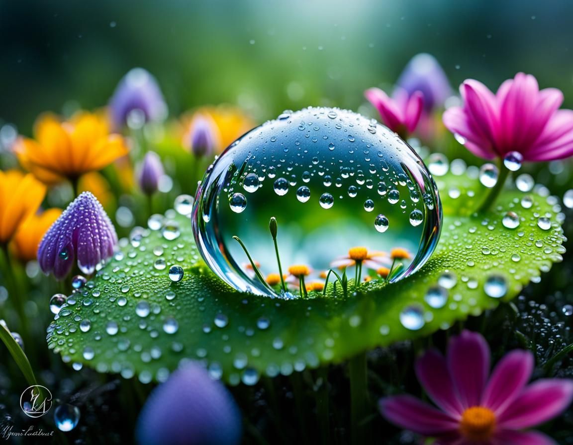 The reflection of flowers on a dew drop