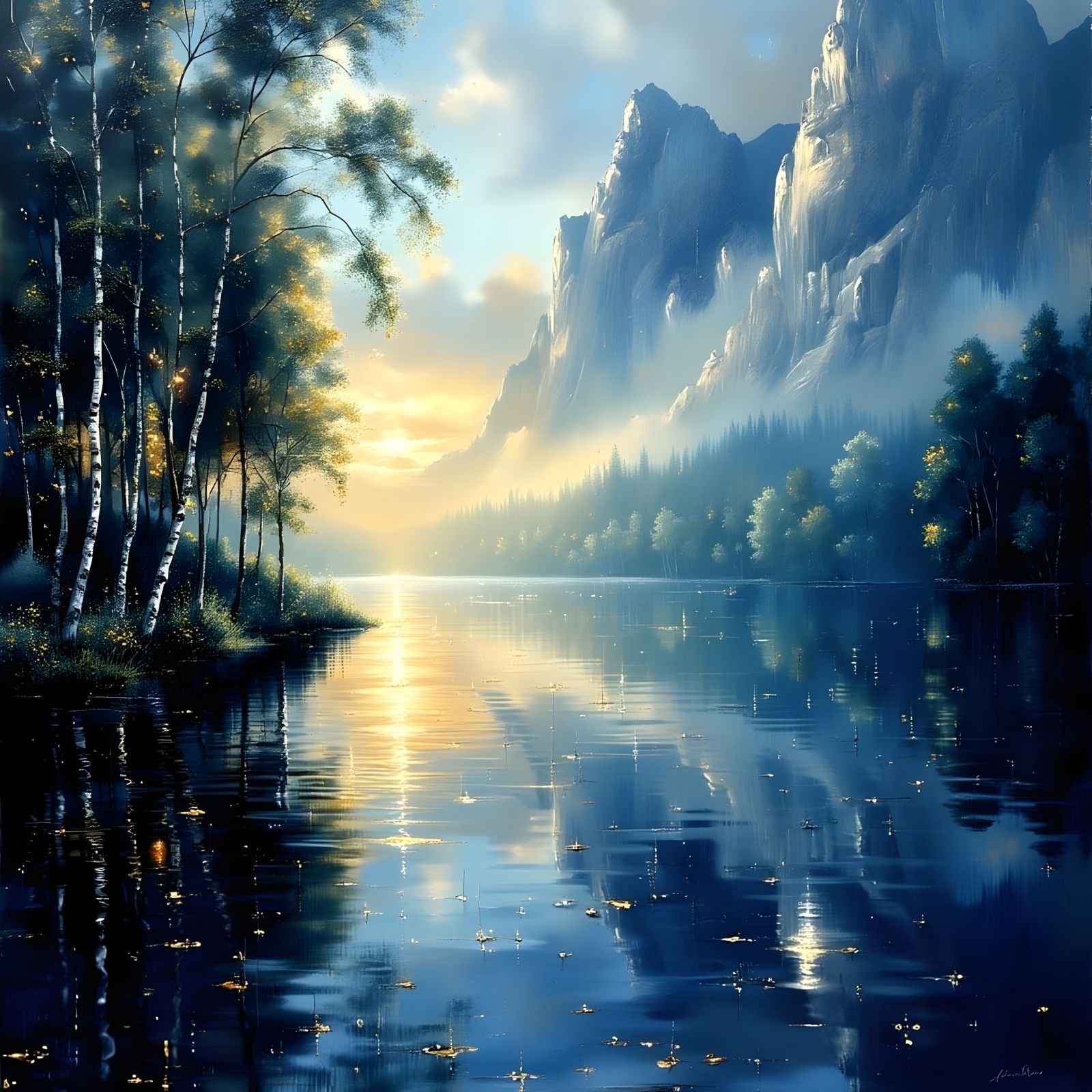 River Scene in Impressionist Style with Blues and Sunlight