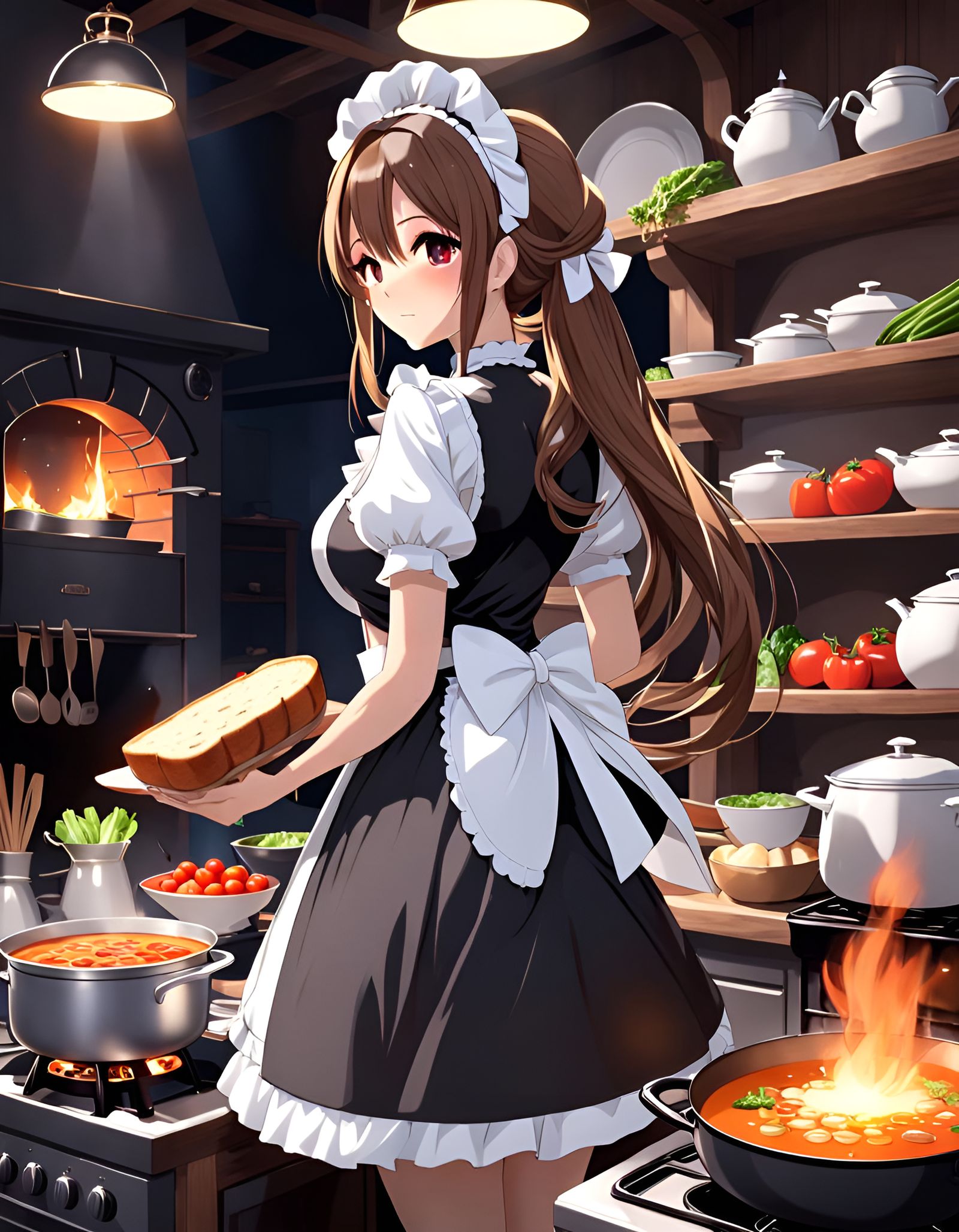 Anime Maid Cooking Dinner at Night