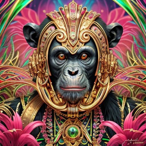 Psychedelic Chimpanzee: Surreal 3D Render in Gold and Green