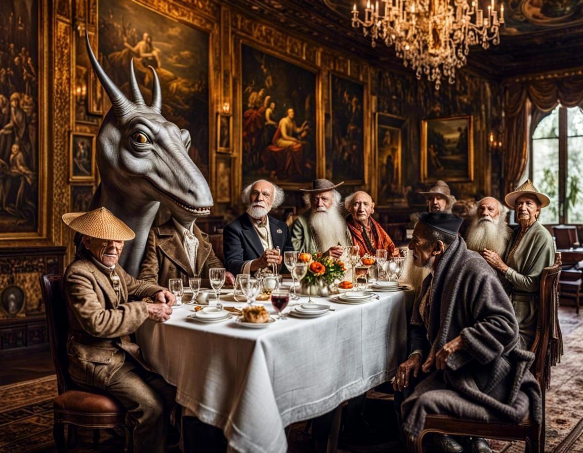 Surreal Alien Restaurant Celebration in Magical Realism
