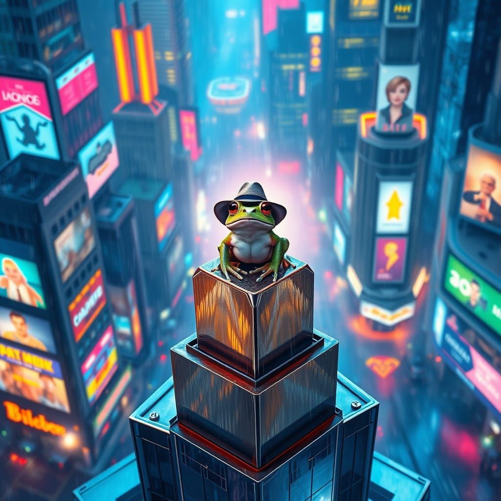 Steampunk Frog Soars Above the Neon Metropolis