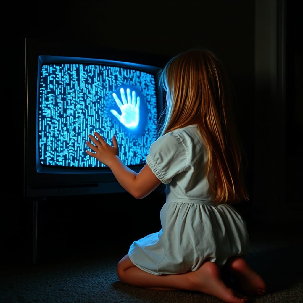 Eerie 1980s TV Static with Ghostly Apparition