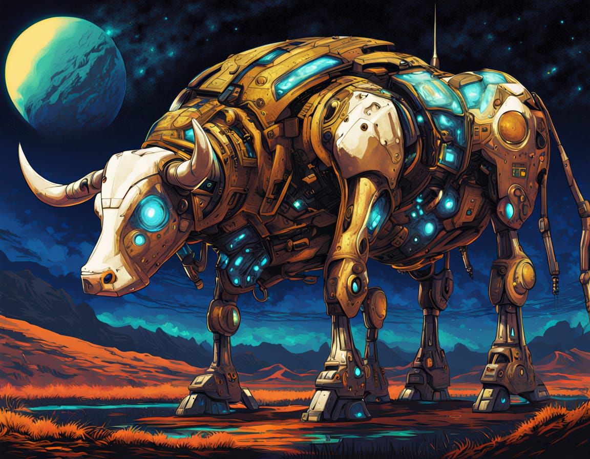 Cyberpunk Robot Cow Guard in Yoshitaka Amano Style