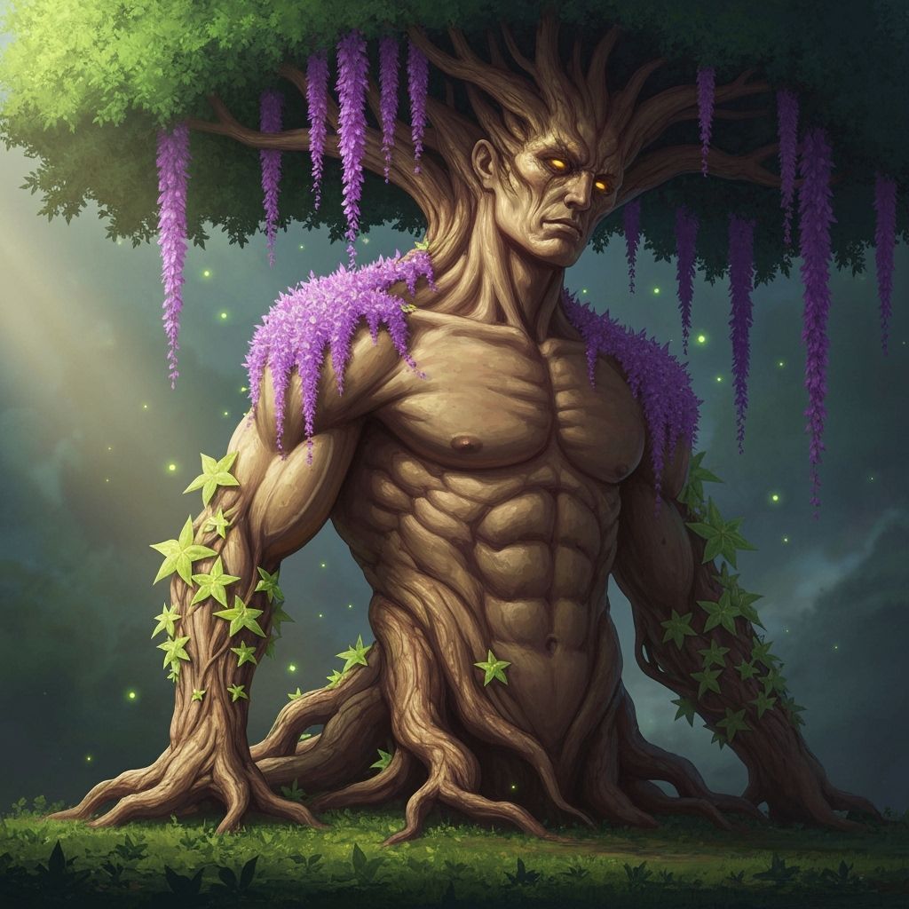Muscular Man Tree with Purple Flowers and Star Leaves