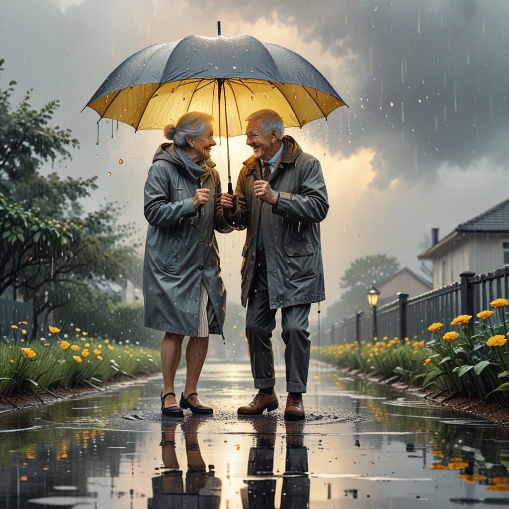 Whimsical Watercolor: Joyful Couple in Rainy Puddles