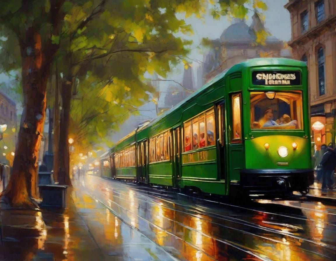 Vintage W-Class Tram Glides Through Melbourne's Rainy Street...