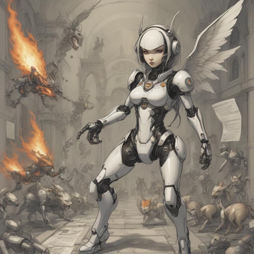 Cybernetic Angels Versus Robot Dog in Calligraphic Chaos